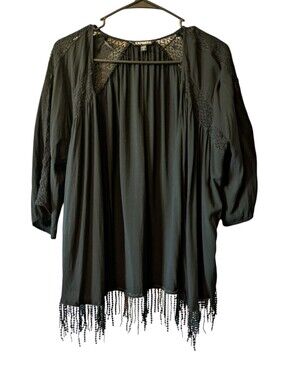 Express Black Beaded Fringe Kimono  Coverup Jacket Top Sz S